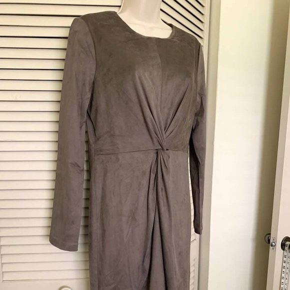 Donna Karan Front Twist Long Sleeve Faux Suede Dress Taupe-NWT- SZ 10,12,14 - Picture 1 of 6